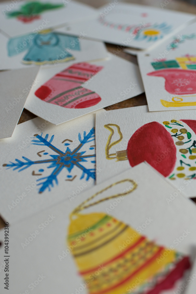 Fototapeta premium Christmas background. Set of watercolor greeting cards