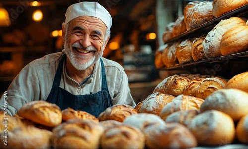 A smiling baker with fresh bread in a warm bakery setting.