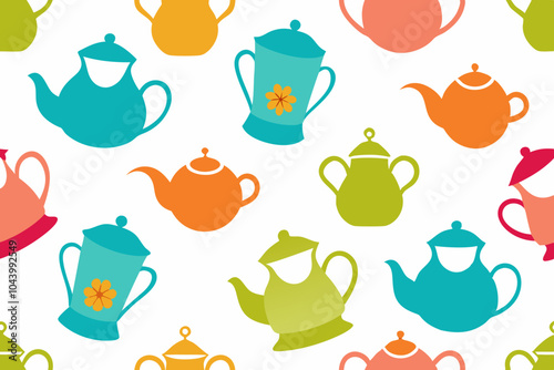 Seamless Pattern with Decorative Cups and Teapots Vector.