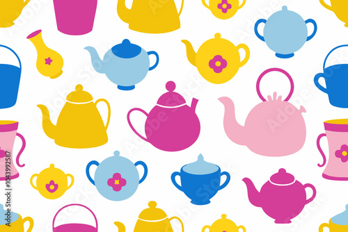 Seamless Pattern with Decorative Cups and Teapots Vector.