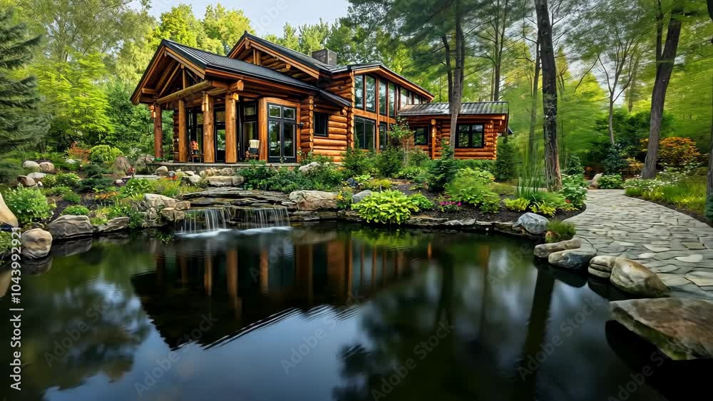 A log cabin with a beautiful pond and waterfall sits nestled in a lush green forest A log cabin with a beautiful pond and waterfall sits nestled in a lush green forest
