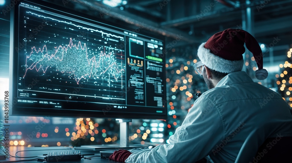 Person in Santa hat analyzing stock market graphs during holiday season with festive bokeh lights
Person in Santa hat analyzing stock market graphs during holiday season with festive bokeh lights