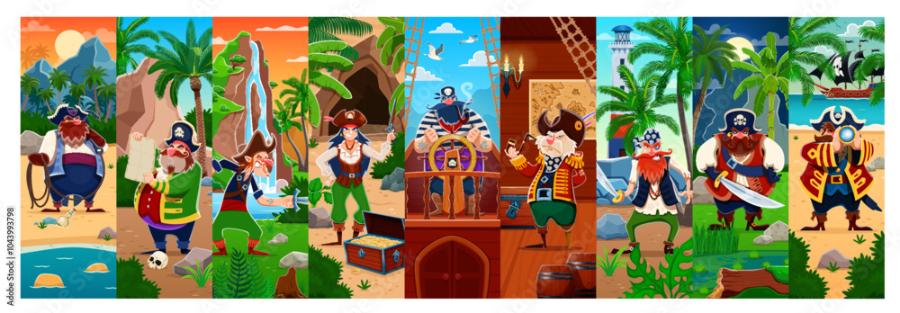 Fototapeta premium Cartoon pirate and corsair characters collage showcasing adventurous filibuster personages with swords, treasure maps, and ships, surrounded by tropical landscapes, capture the excitement and mystery