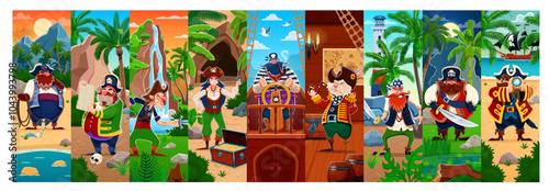 Cartoon pirate and corsair characters collage showcasing adventurous filibuster personages with swords, treasure maps, and ships, surrounded by tropical landscapes, capture the excitement and mystery