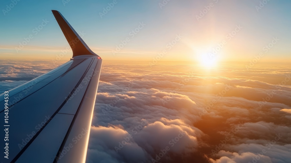 Obraz premium Stunning aerial shot of a plane wing against a vibrant sunset above the clouds, highlighting the mesmerizing play of colors and the beauty of sky travel.