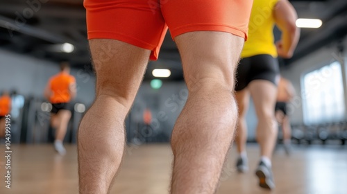 A focused close-up captures the toned legs of individuals in bright sportswear as they partake in an energetic workout session within the lively atmosphere of a gym. photo