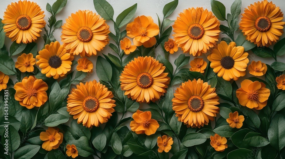 Naklejka premium vibrant orange calendula flowers with lush green leaves artistically arranged and showcased on a pristine white background evoking freshness and cheerfulness