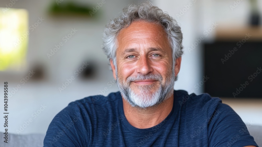 A mature man with a gray beard is smiling warmly while sitting inside a cozy, well-lit home environment with blurred background elements in view. A mature man with a gray beard is smiling warmly while sitting inside a cozy, well-lit home environment with blurred background elements in view.