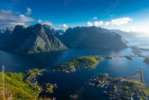 Obraz na płótnie Amazing landscape of the Lofoten Islands from the top of Reinebringen Mountain with blue sky , Norway w salonie