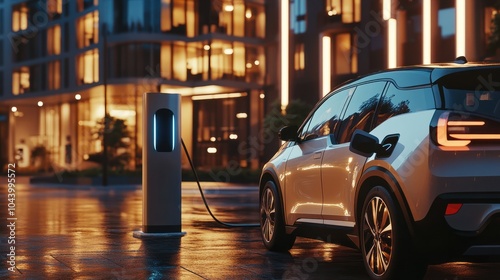 Generic electric car charging at station dock point in parking lot near shopping or office building. City street power hub providing eco-friendly sustainable supply for EV vehicle