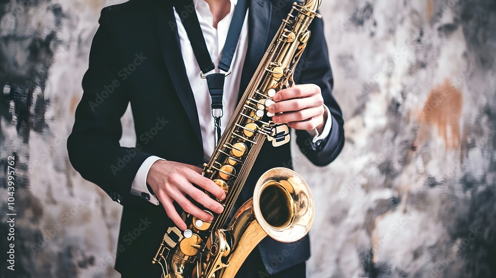 Naklejka premium A man in a suit holds a saxophone.
