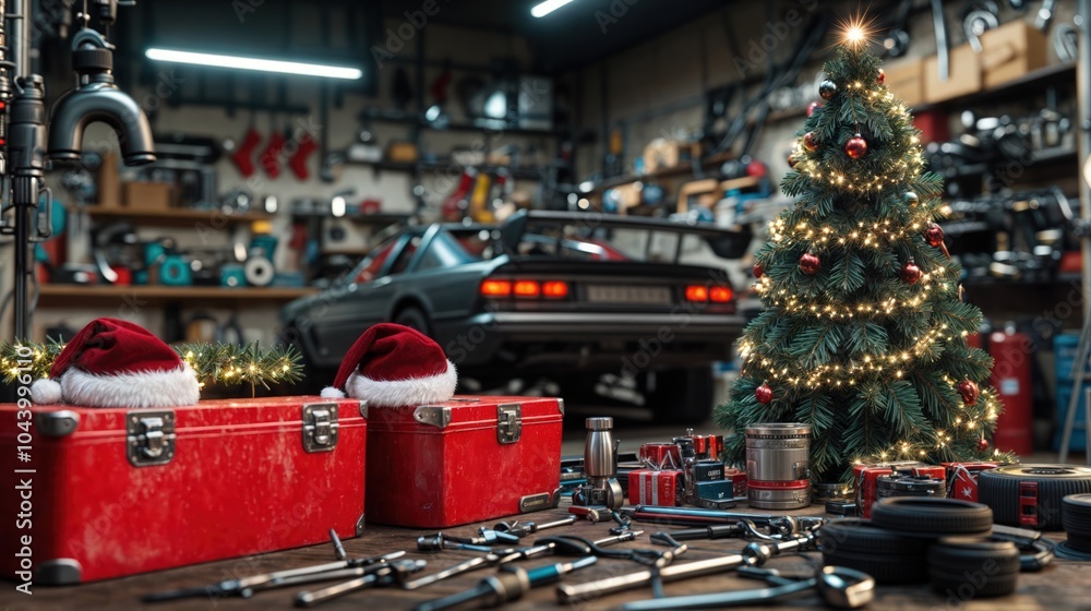 Christmas in car repair shop with decorated tree, tools, and santa hats, festive automotive workshop