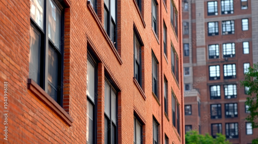 A close-up view of an apartment building's brick facade, showcasing an intricate pattern in an urban setting with another similar building in the background. A close-up view of an apartment building's brick facade, showcasing an intricate pattern in an urban setting with another similar building in the background.