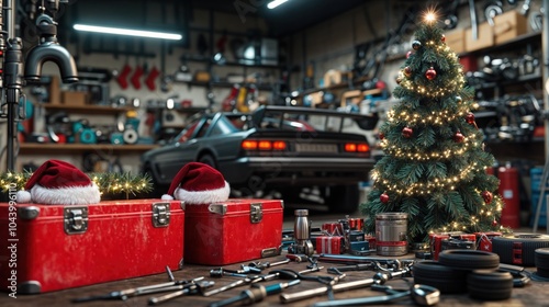 Obraz na płótnie Christmas in car repair shop with decorated tree, tools, and santa hats, festive automotive workshop
w salonie