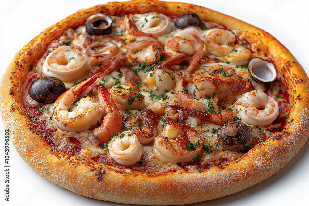 Delightful seafood pizza topped with shrimp and clams on a crisp crust, ready for a delicious meal. Generative AI Delightful seafood pizza topped with shrimp and clams on a crisp crust, ready for a delicious meal. Generative AI