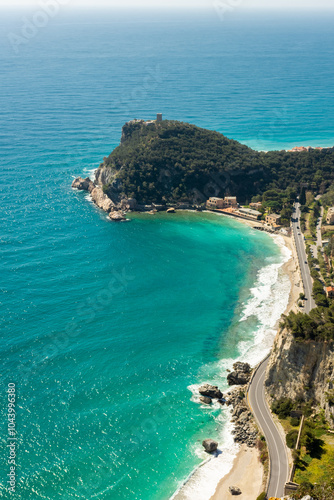 Beautiful aerial view of Saraceni Bay beach from Sentiero del Pellegrino, Liguria,  Italy photo