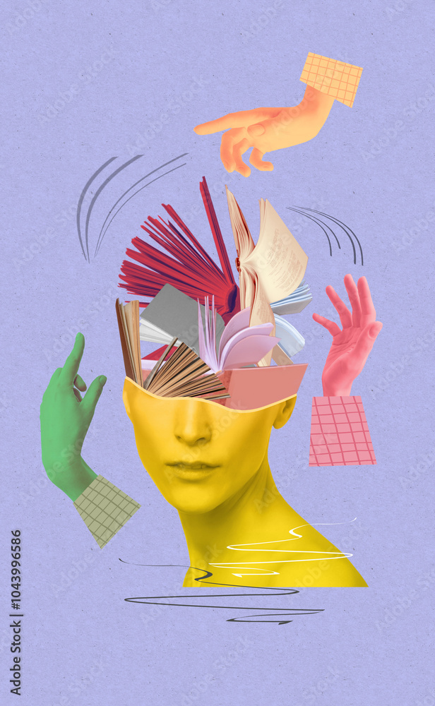 Head with books as a metaphor for education. Art collage or design. Creative idea symbol. Mental Health, thinking, psychology, education, intellectual development concept
