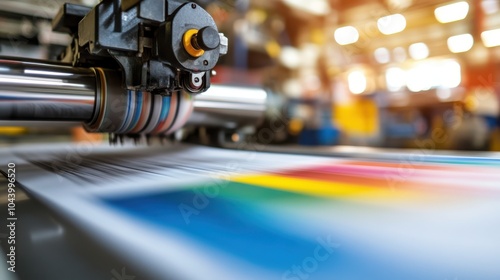 A high-speed, industrial printing machine in action, producing vibrant and colorful prints on paper, showcasing advanced technology in a professional print setting. photo