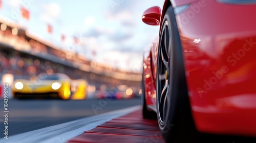 A vibrant close-up of a sleek red race car perched on the track's edge, showcasing dynamic curves and sleek design under the soft daylight during an exciting race. photo