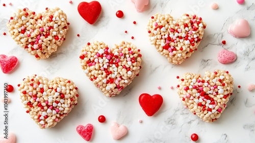 Rice Krispies Treats shaped like hearts, isolated on a white marble background, decorated with red and pink sprinkles and heart-shaped candies photo