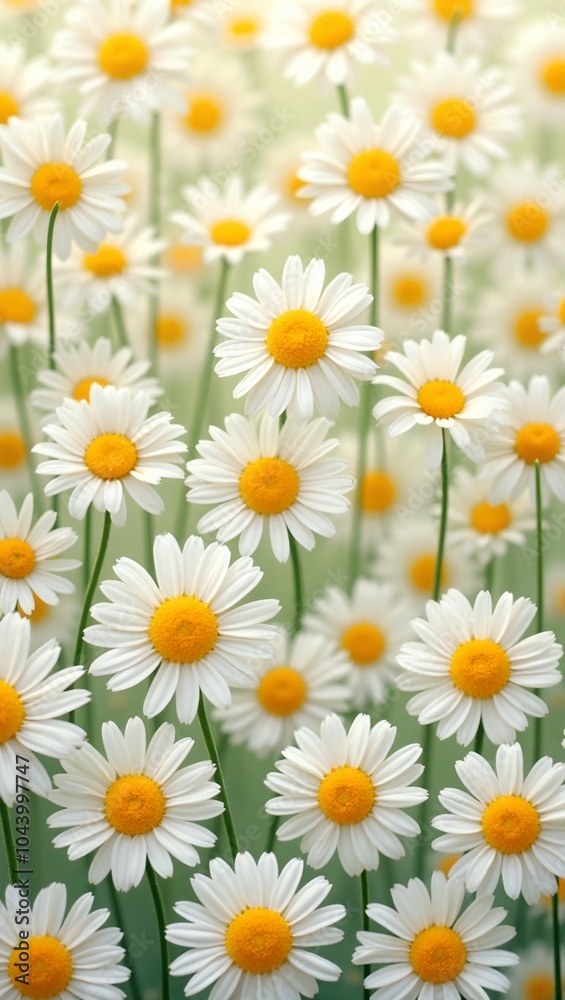 Fresh and playful floral background with white daisies and bright yellow centers