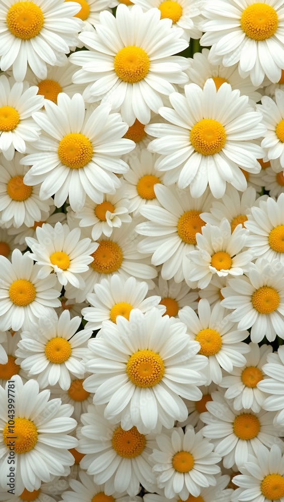 Fresh and playful floral background with white daisies and bright yellow centers