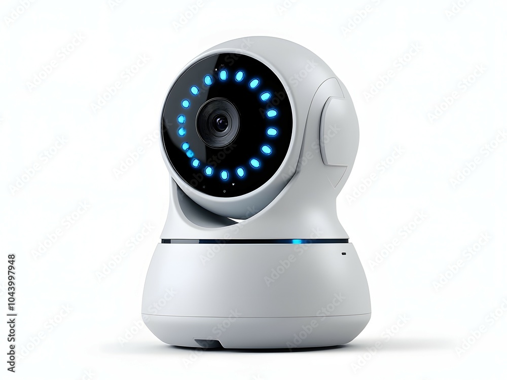 White plastic smart home security camera with blue LED lights isolated on white background White plastic smart home security camera with blue LED lights isolated on white background