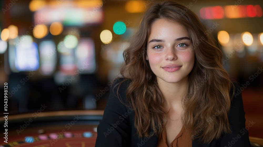 A young woman with wavy hair and a confident smile sits at a casino table in a softly lit room creating a warm and inviting atmosphere around her. A young woman with wavy hair and a confident smile sits at a casino table in a softly lit room creating a warm and inviting atmosphere around her.