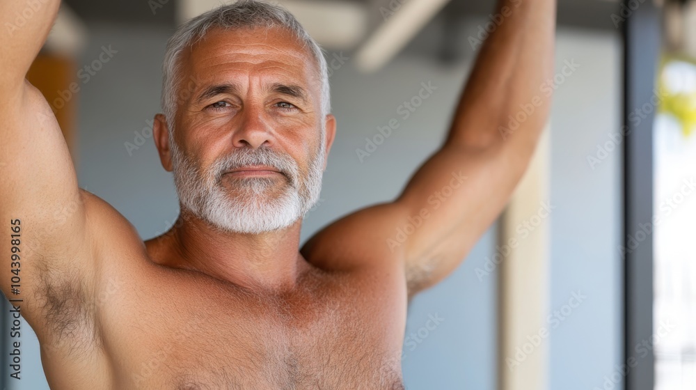 A fit, silver-haired man with a gray beard poses shirtless outside, embodying active lifestyle, physical health, and confidence against a warm, welcoming background. A fit, silver-haired man with a gray beard poses shirtless outside, embodying active lifestyle, physical health, and confidence against a warm, welcoming background.