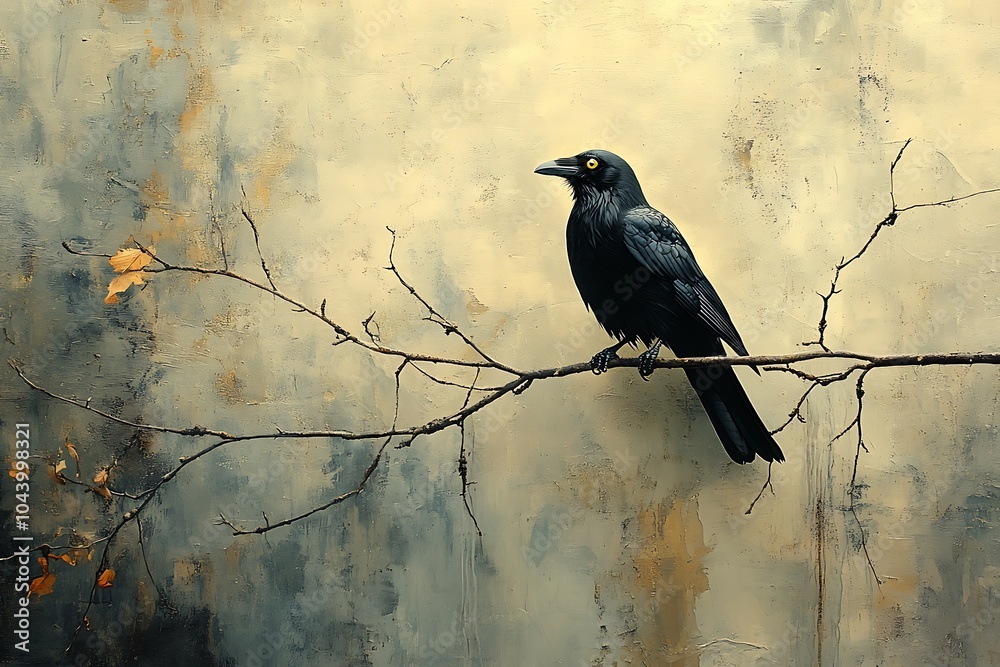 Fototapeta premium A lone crow perched on a branch against an abstract background