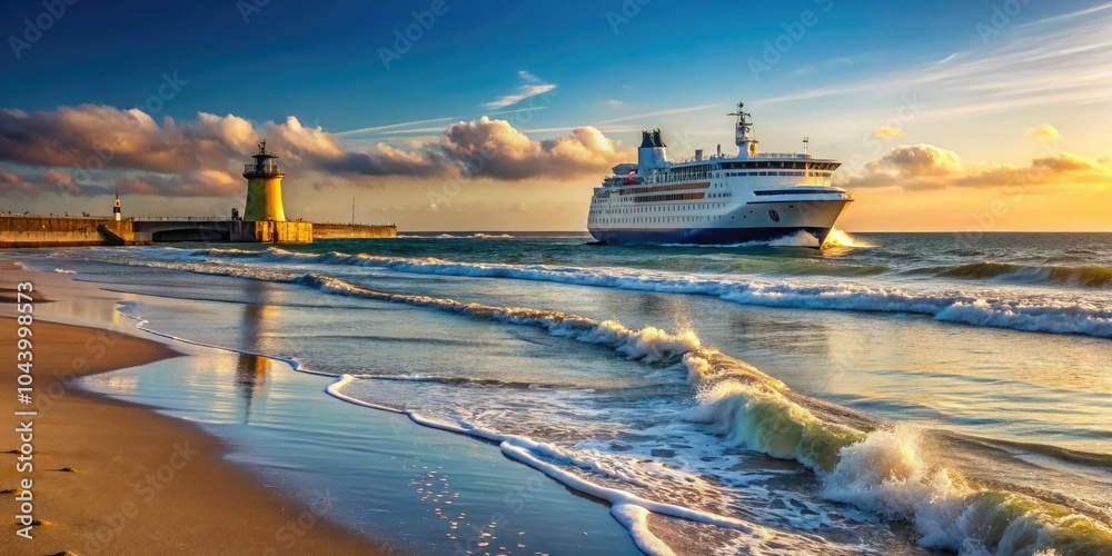 Naklejka premium Massive Ferry Sailing by Calais Beach - Scenic Transportation View