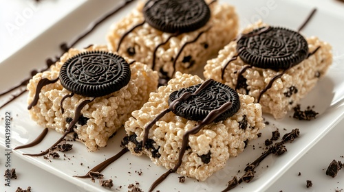 Rice Krispies Treats with crushed cookies mixed in, isolated on a white porcelain plate, garnished with crushed cookie pieces and chocolate drizzle photo