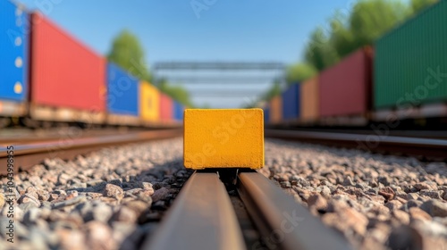 A striking yellow cube sits on the railroad tracks, creating an intriguing contrast against the blurred backdrop of vibrant freight containers resting in motion. photo