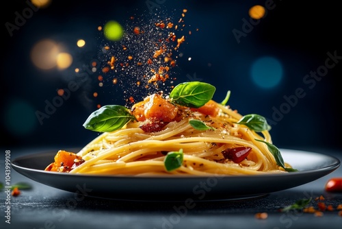 Chili flakes being sprinkled over a bowl of pasta, giving a spicy kick to the colorful dish photo