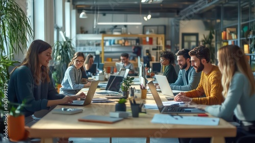 A diverse group of young professionals work on laptops at long tables in a modern office.