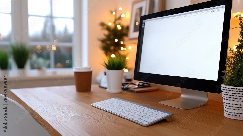 Fototapeta premium A cozy workspace featuring a computer next to a coffee cup, adorned with small plants and set against a warm, ambient window light for inspiration.