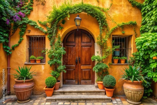 Mediterranean Style Entrance with Arched Doors, Wrought-Iron Balconies, and Ivy - Minimalist Photography