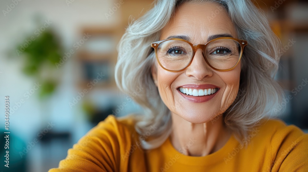 A joyful elderly woman with glasses, wearing a bright orange top, smiles in a warmly lit room, surrounded by out-of-focus home decor, radiating happiness and warmth. A joyful elderly woman with glasses, wearing a bright orange top, smiles in a warmly lit room, surrounded by out-of-focus home decor, radiating happiness and warmth.