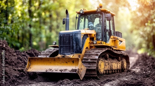 Yellow bulldozer working in a forested area.