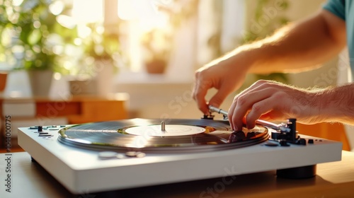 Hands carefully adjust the needle on a vinyl record player in a sunlit room, highlighting the tactile and nostalgic feel of enjoying music in an intimate setting. photo