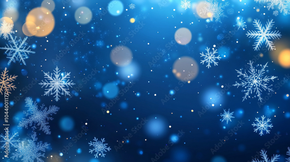 Fototapeta premium Snowflakes and festive bokeh on a blue holiday background