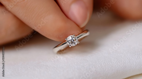 A close-up image capturing the brilliance of a sparkling diamond ring held delicately by a hand, showcasing its allure, craftsmanship, and luxurious appeal. photo