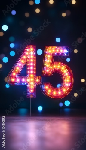 Light Up Number 45 with Round Bulbs on a Bokeh Background for Celebration, Anniversary photo