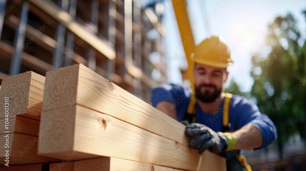 A focused builder arranges wooden planks at a construction site, reflecting the precision and dedication required in modern construction projects. A focused builder arranges wooden planks at a construction site, reflecting the precision and dedication required in modern construction projects.