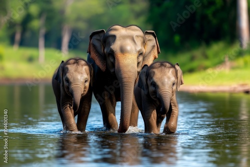 Elephants walking through a river in the heart of Sri Lanka, with verdant forests and distant mountains surrounding them photo