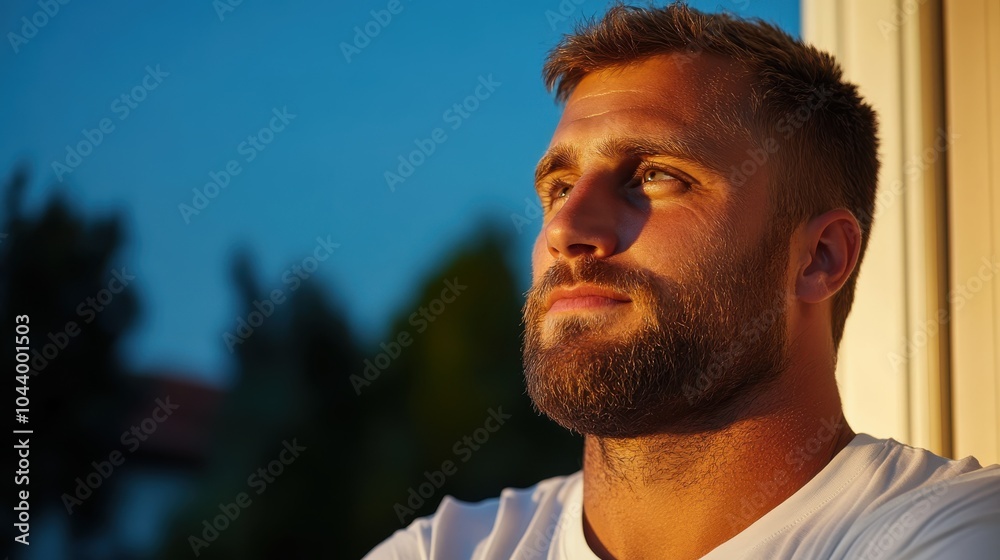 Fototapeta premium A thoughtful man looks to the sky during twilight, with his expression reflecting ruminative emotions, as the environment transitions from day to night.