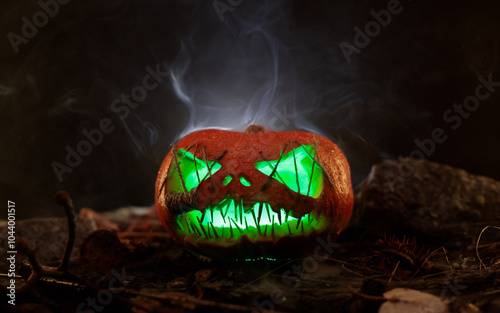 A smoky Halloween pumpkin with sharp, needle-like teeth and eyes sewn shut with thick strings, glowing green from the inside. The atmosphere is filled with horror and fear photo