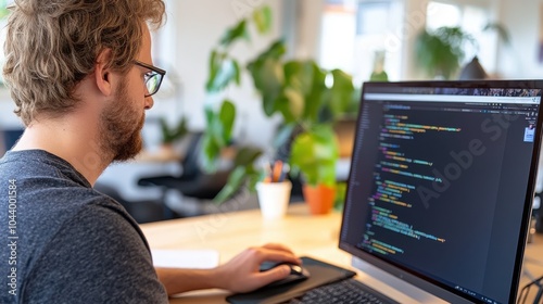 A young programmer intensely engaged in his coding project at a modern office desk setup, complete with high-tech equipment and a bright workspace environment.