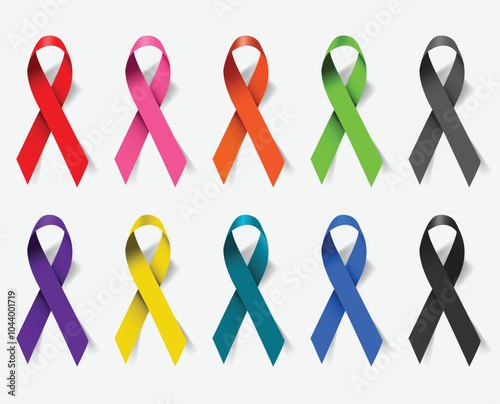 HIV Aids, mental health, breast cancer, heart attack, diabetes colorful medial awareness bows realistic vector collection. Sign, symbol, emblem, banner, poster illustration, awareness ribbons.
