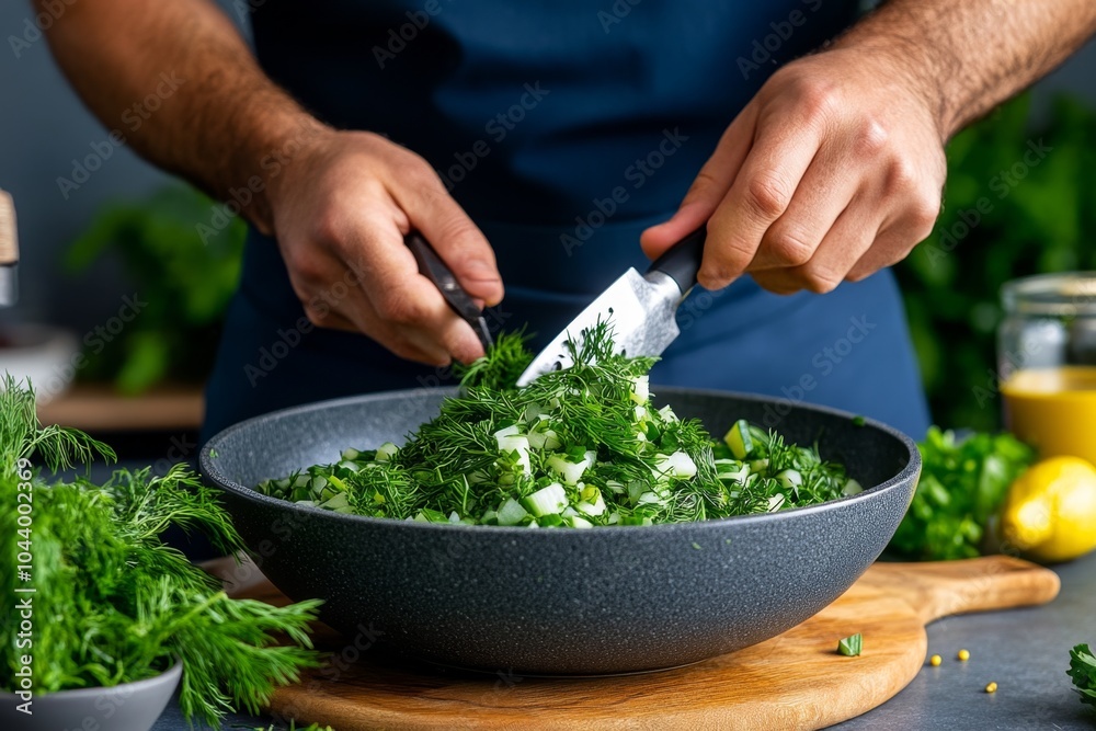 Fresh dill being chopped to season a creamy potato salad, with mustard seeds and lemon juice in the background Fresh dill being chopped to season a creamy potato salad, with mustard seeds and lemon juice in the background